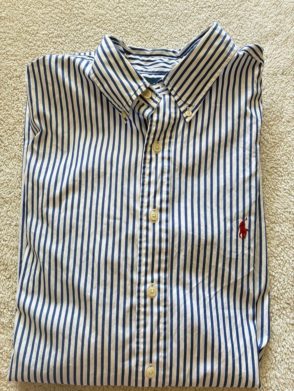 VTG RALPH LAUREN Royal Striped Button Down Shirt Men's 17.5 Classic Fit Red Logo